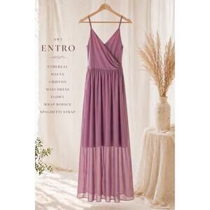 NWT Entro Ethereal Mauve Chiffon Sheer Dress Flowy Wrap Bodice Spaghetti Strap